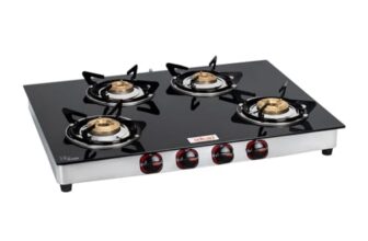 Akai 4 Burner Gas Stove with Toughened Glass | Tri-pin Brass Burners | Manual Ignition, Ergonomic Knobs| 360° Nozzle | ISI Certified | High Efficiency | 2-Year Warranty & PAN-India Service