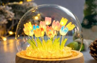 One94Store Multi-Color Tulip LED Night Lamp | Glass Decorative Light with 10 Artificial Flowers for Bedroom, Home Decor, Living Room & Special Occasions (8 cm)