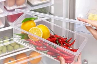 BUNVOX Fridge Storage Boxes, Fridge Organizer with Removable Drain Plate Fridge Storage Containers Keeps Fruits, Vegetables, Meat, Fish Fresh Longer 1500 ML Container Box (2)