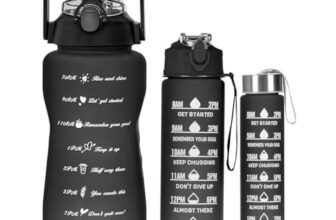TEKCOOL Water Bottle – 3Pcs 2L,750ml & 300ml Light-weight, Leak-proof, BPA-free Motivational Water Bottle Sipper, Time Marker & Mobile Holder for Online Gym Kids,Adults Office (Black) Plastic