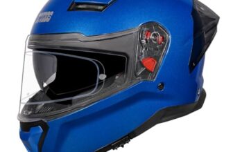 STUDDS Helios ISI and DOT Certified Full Face Helmet with Antifog 100 Lens, Sporty Spoiler (Flame Blue – M)
