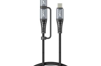 boAt FlexiCharge 250 Cable with 2-in-1 Connectivity Type-C to Type-C + Lightning Cable; 60W/3A PD Fast Charging, 480 Mbps Data Sync, 1.2 m (3.9 ft),10000+ Bends Lifespan, Nylon Braided (Carbon Black)
