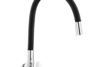 Amazon Basics Flexible Spout Kitchen Faucet | Cold-Only Single Lever Sink Tap with 360 Degree Swivel and Bendable Spout | Kitchen Use | Black and Chrome