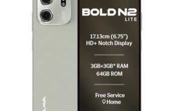Lava Bold N2 Lite (Kolar Gold, 3 GB RAM, 64 GB Storage) | 6.75″ HD+ Display | 13MP AI Dual Rear Camera | 5000 mAh Battery | Secure Face Unlock | Fingerprint Reader | Charger & Phone-Cover in Box
