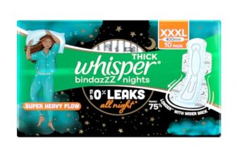 Whisper Bindazzz Nights 10 XXXL Sanitary Pads, Upto 0% Leaks All Night Long, For Super Heavy Flow, Nearly 75% Longer with Wider Back, Double hug wings keep pad in place , Disposable Wrapper