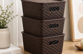Homestrap Set of 3 Plastic Storage Organizers/Baskets With Lid For Kitchen, Clothes, Multipurpose Vegetables, Toys, Books, office, Stationery, Wardrobe (Small|Brown) Rectangular