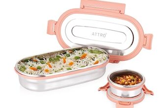 Attro Oval Stainless Steel Lunch Box with 1 Small Box Compact Design Airtight Leak Proof Lunch Box for Office, School, Picnic-650Ml+100Ml Peach