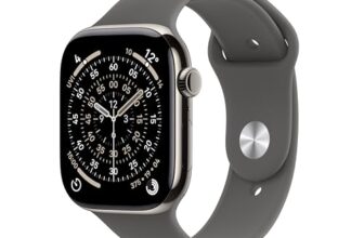 Apple Watch Series 11 GPS + Cellular 46mm Natural Titanium Case with Stone Grey Sport Band – S/M