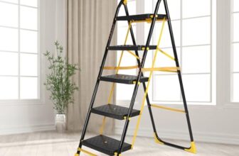 Parasnath 5 Step Yellow Diamond Mild Steel Foldable Ladder for Home – Wide Anti Skid Plastic Step Ladder for Extra Gripping 5.2 FT Ladder – 6 Year Manufacturer Warranty – Made in India