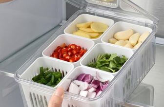 HomeWiz Fridge Storage Containers for Kitchen | 6-Grid Refrigerator Organizer with Removable Drain Plate & Airtight Lids | BPA-Free Food Storage Box | 1000 ml | Fruits & Vegetable Storage Containers