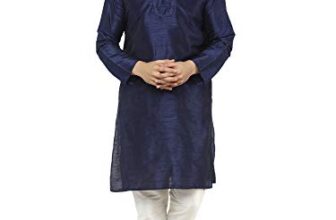 SKAVIJ Men’s Traditional Art Silk Kurta With Churidar Pyjama Regular Fit Ethnic Pajama Set Blue, XL