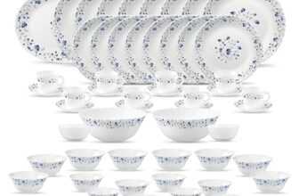 La Opala Diva Classique Collection Opal Glass Crockery | for Family of 8 | Dinner Set 53 pcs Blue Mystique | Plates, Bowls & Cups for Dining | Microwave Safe | 100% Vegetarian | Extra Strong | White