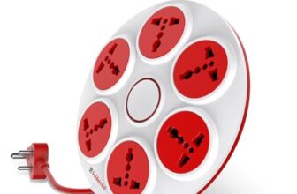 Goldmedal 360 Degree Power Strip | 6 Universal Sockets| 2-Meter Cord with Safety Shutter | Multi-Plug Board for Home Appliances & Office, Wall Mount Option – White & Red