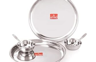 Attro 6 Pieces Dazzle Series Stainless Steel Dinnerware/Dinner Set – 2 Thali, 2 Bowl, 2 Spoon, Food Grade Quality Kitchen Set Use for Home, Restaurants & Outdoor – Silver,Solid