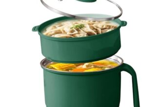 Electric Multipurpose Cooking Pot 1.2L with Steamer Basket & Glass Lid – Stainless Steel Inner Mini Cooker, Portable Hot Pot for Rice Noodles Soup Pasta | Travel Cooker for Home, Office, Hostel (Green)