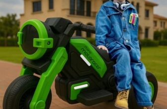 Storio Green Kids Electric Ride-on Bike – Battery Motorcycle with Side Wheels, Flashing Headlight, Music, LED Lights, Rechargeable Long-Lasting Battery.