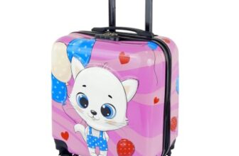 Storite 18 Inches Kids Trolley Bag Hard-Sided Polycarbonate Cute Chibi Kitten with Balloons Print Spinner Suitcase Cabin Luggage for Kids(Pink – 35 x 23 x 38 Cm)