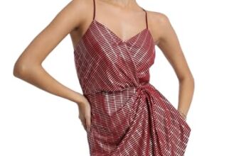 Tokyo Talkies Red & Gold-Toned Shoulder Straps Striped Mini Wrap Dress