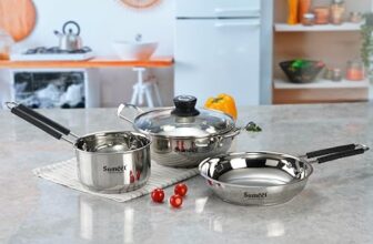 Sumeet Stainless Steel Induction Bottom Gas Stove & Induction Friendly 4PC Cookware Set, Kadai – 1500ml / 20cm, Frypan 1250ml / 20cm, Saucepan 1250ml / 14cm with Glass Lid, Pack of 4, Silver
