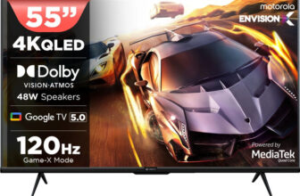 MOTOROLA 140 cm (55 inch) QLED Ultra HD (4K) Smart Google TV with 5.0 with 48 W speaker, 120Hz Game accelerator, and Dolby Atmos(55UHDGQMVSAQ)