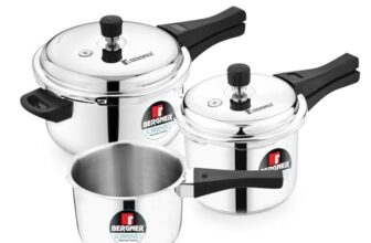 BERGNER Aluminium Jazz Non Stick Cookware Set 4Pc-Kadhai with Glass Lid 24Cm, Dosa Tawa 28Cm, Frypan 24Cm with Induction Compatible, Soft Touch Handles, Pfoa Free, Yellow