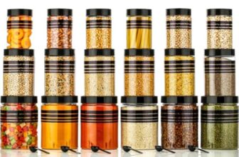 AQUAWARE Plastic Pet Storage Jar and Container, Set of 18 With Spoons Air Tight | Kitchen Organiser Improved Model Black line Printed