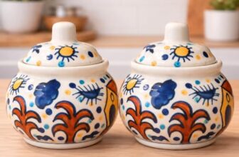 LE’SIJA DECORATIONS Ceramic Pickle Jar, Hand-Painted Blue and Orange Design, 350 ml Capacity, Kitchen Storage Container for Chutney | Achar | Sugar & Salt kitchen jar (1) pack of 2