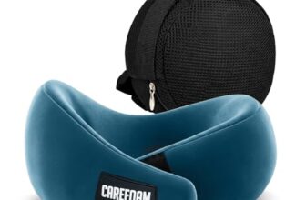 CareFoam Virgin Memory Foam Travel Neck Pillow for Airplane, Car & Train – Dual Height (5″ & 4″) 360° Neck Support with Adjustable Velcro Fastening & Ultra-Soft Velvet Cover