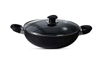 BERGNER Essential Plus 5 Layer Marble Non Stick Kadai/Kadhai with Glass Lid, 28 cm, 5.2 litres, Induction Base, Food Safe (PFOA Free), Thickness 3.2mm, 1 Year Warranty, Black
