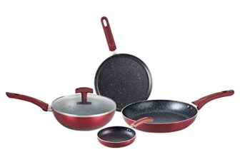 Bergner Amarone 5 Pcs Induction Bottom Cookware Set of 24 cm (2.4 L) Kadhai with Glass Lid, 24 cm (1.3 L) Fry Pan,25 cm Tawa, 14 cm Mini Pan, Induction Base and Gas Stove Ready – Maroon