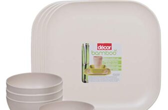 Decor EcoLite Bamboo Non Toxic Eco-Friendly Reusable 4 Small Plates and 4 Bowls Dinner Set for Couples (Natural White) – 8 Pieces