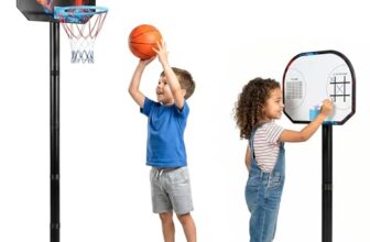 Kidsmate 3-in-1 Basketball Play Set for Kids with Adjustable Basketball Hoop, Tic Tac Toe & Dot Game Board, Basketball Net Stand Indoor Outdoor Toy, Best Gift for Boys & Girls – Multicolor