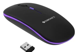 ZEBRONICS Blanc Slim Wireless Mouse with Rechargeable Battery, BT + 2.4GHz, 4 Buttons, 800/1200/1600 DPI, Silent Operation, Multicolor LED Lights