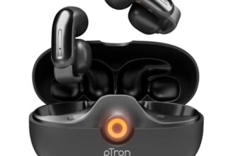 pTron Bassbuds Vortex Clips Wireless Open Ear Earbuds w/Chrome Finish, SafeBeats Tech, 50Hrs Playtime, Dual HD Mic w/AI-ENC, 10mm Driver, Pristine Sound, BTv5.4 Earclips, Type C Charging (Obsidian)
