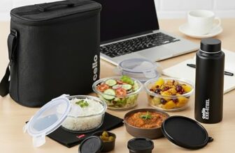 CELLO MF Glassy Pro Lunch Box with Jacket For Office, Black | 3 x 400ml Glass Containers, 1 x 225ml, 2 x 50ml Mini Containers & Bottle 700ml, Microwave Safe Airtight Leakproof Tiffin Box For Daily Use