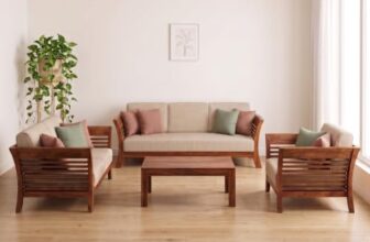 Custom Decor Sheesham Wood 3+1+1 Seater Sofa Set for Living Room |All (Regular-BeigeNew, 6 Seater (3+2+1))