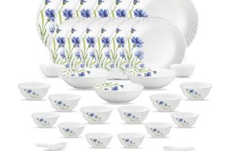 La Opala Opal Glass Crockery | for Family of 6 | Dinner Set 35 pcs Floral Fountain | Plates & Bowls for Dining | Microwave Safe | 100% Vegetarian | Extra Strong | Extra Light & White