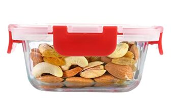 Cutting EDGE Borosilicate Glass Container with Lid Square Glass Container Microwave Safe for Kitchen (Red, 320ml, Set of 1)