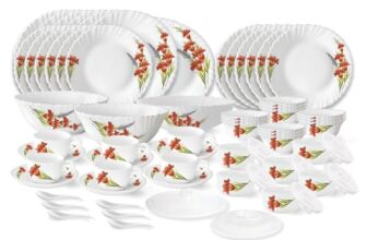 Larah by Borosil Red Iris Fluted Series Opalware Dinner Set | 66 Pieces for Family of 6 | Microwave & Dishwasher Safe | Bone-Ash Free | Crockery Set for Dining & Gifting | Plates & Bowls | White