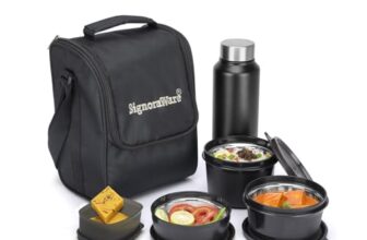 SignoraWare Monarch Stainless Steel Lunch Box | Easy to Carry | Microwave Safe | Leakproof | Great for Office Executive | Best for Picnic and Outings (500ml+350ml+200ml+100ml+750ml | Setof5 | Black)