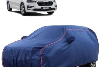 Sulfar 100% Water Resistant Car Body Cover Compatible with Mirror for Skoda Slavia (Triple Stitched, Full Bottom Elastic, Blue Tafetta with Red Piping)