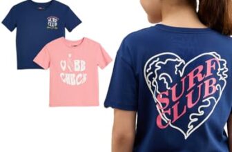 Amazon Brand – Symbol Girl Cotton Blend Stretchable Graphic Print Oversized Fit T-Shirt (KD-TSG-SS25-150 (PO2) (6-14 yrs)_Ink Blue/Coral Pink 6-8 Y)