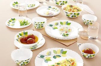 Larah By Borosil Green Leaves Silk Series Opalware Dinner Set with Glasses 35 Pcs for Family of 6, Microwave & Dishwasher Safe, Bone-Ash Free, Crockery Set for Dining & Gifting, Plates & Bowls, White