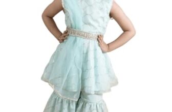 Pspeaches Girls Sequins Embellished Sleeveless Kurta With Sharara And Dupatta