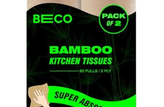 Beco Bamboo – 2 Ply Kitchen Tissue/Towel Roll | 120 Pulls (60 pulls x 2 Rolls) | 100% Eco-Friendly – Pure Bamboo Pulp |Soft & Super Absorbent | Food Safe & Chemical Free Tissue Papers