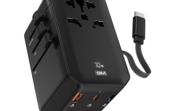 GM G+ 70W TravelEase Pro with Display|Travel Adapter US, UK, EU, AU, 150+ Countries | Multi-Port | Dynamic Wattage Display, MacBook Air-M4, Laptop, iPhone, Samsung, DSLR, 75cm Retractable-C Cable
