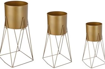 Amazon Brand – Solimo Metal Planters Pot Holder (Square Base) with Metal Plant Stand (Gold, Set of 3) | Tall Indoor Plant Stand with Planter Pot, Suited for Indoor/Outdoor