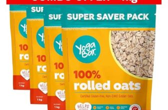 Yogabar Golden Jumbo Rolled Oats 4kg (1kg Pouch, Pack of 4) – Gluten-Free Oats with High Fibre – No Powder