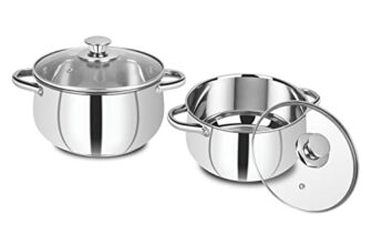 Bergner Acier Stainless Steel Set of 2 Cook and Serve Casserole with 2 Glass Lids, 4 pcs, 2 Casseroles 16cm with 2 Glass Lids, Induction Bottom, Gas Ready, Silver