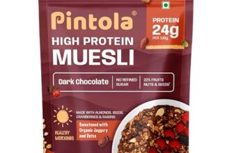 Pintola High Protein Muesli Dark Chocolate & Cranberry 400g, 24g Protein, High Fibre, Trans Fat Free with Brown Sugar, Real Fruits, Muesli for Breakfast Food, Muselies Fruit Nuts and Seeds (400g)